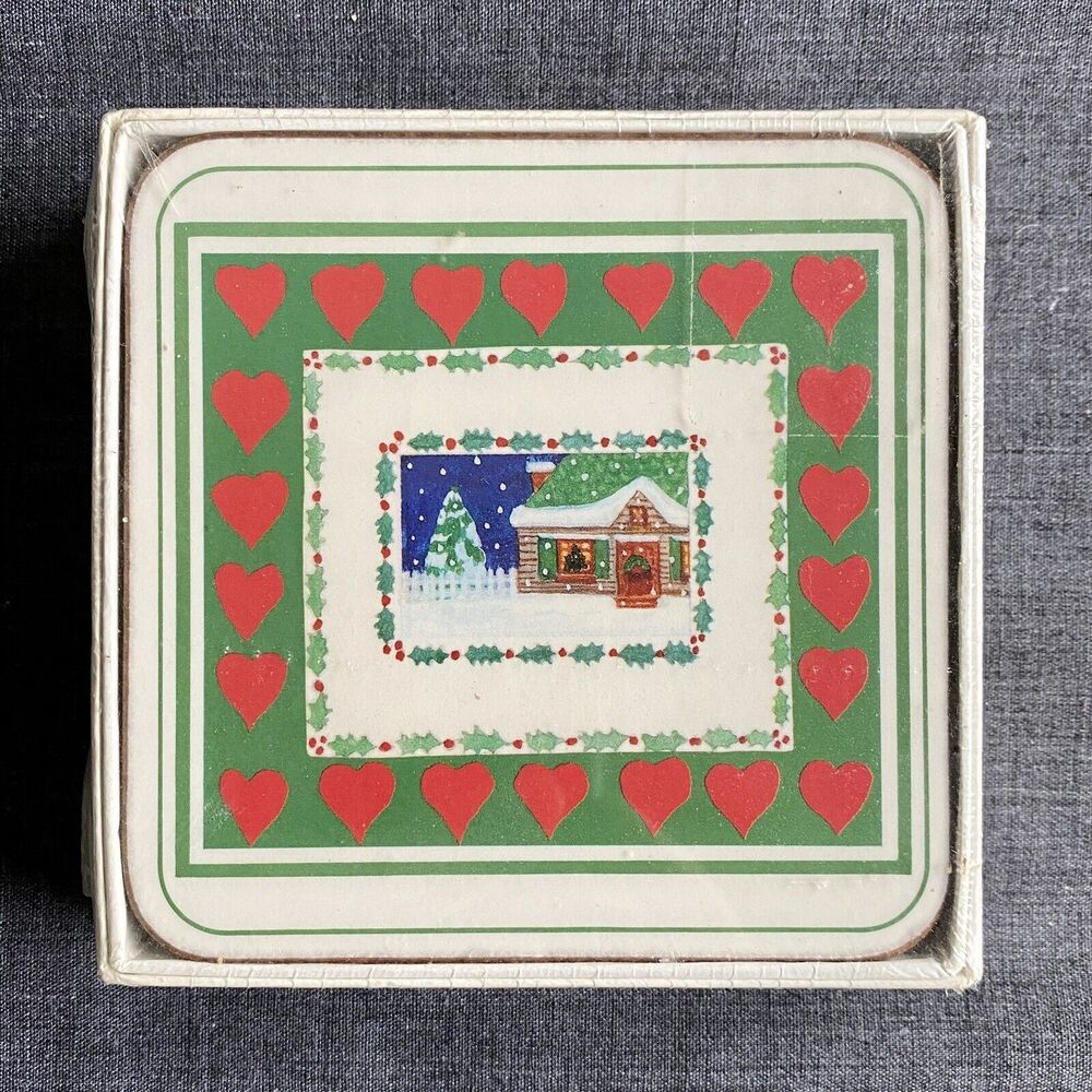 Vintage Christmas Hearts Six Coaster Set Cork Back English Life